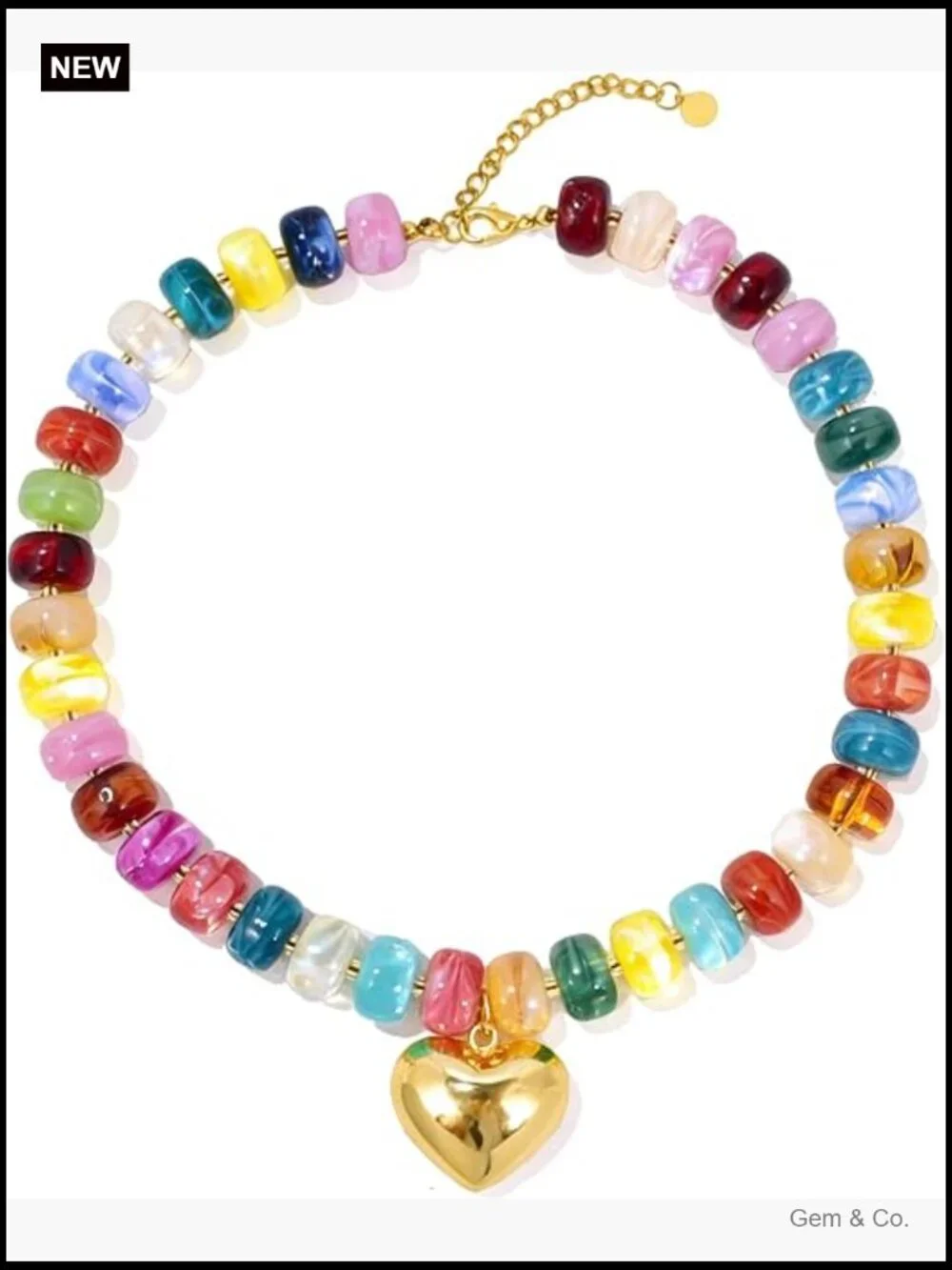 Chunky Beaded Necklace with Gold Heart Pendant Statement Jewelry